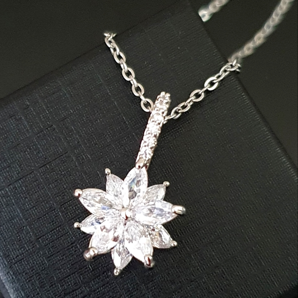 Romantic Silver Flower Diamond Necklace - Picture 3 of 3
